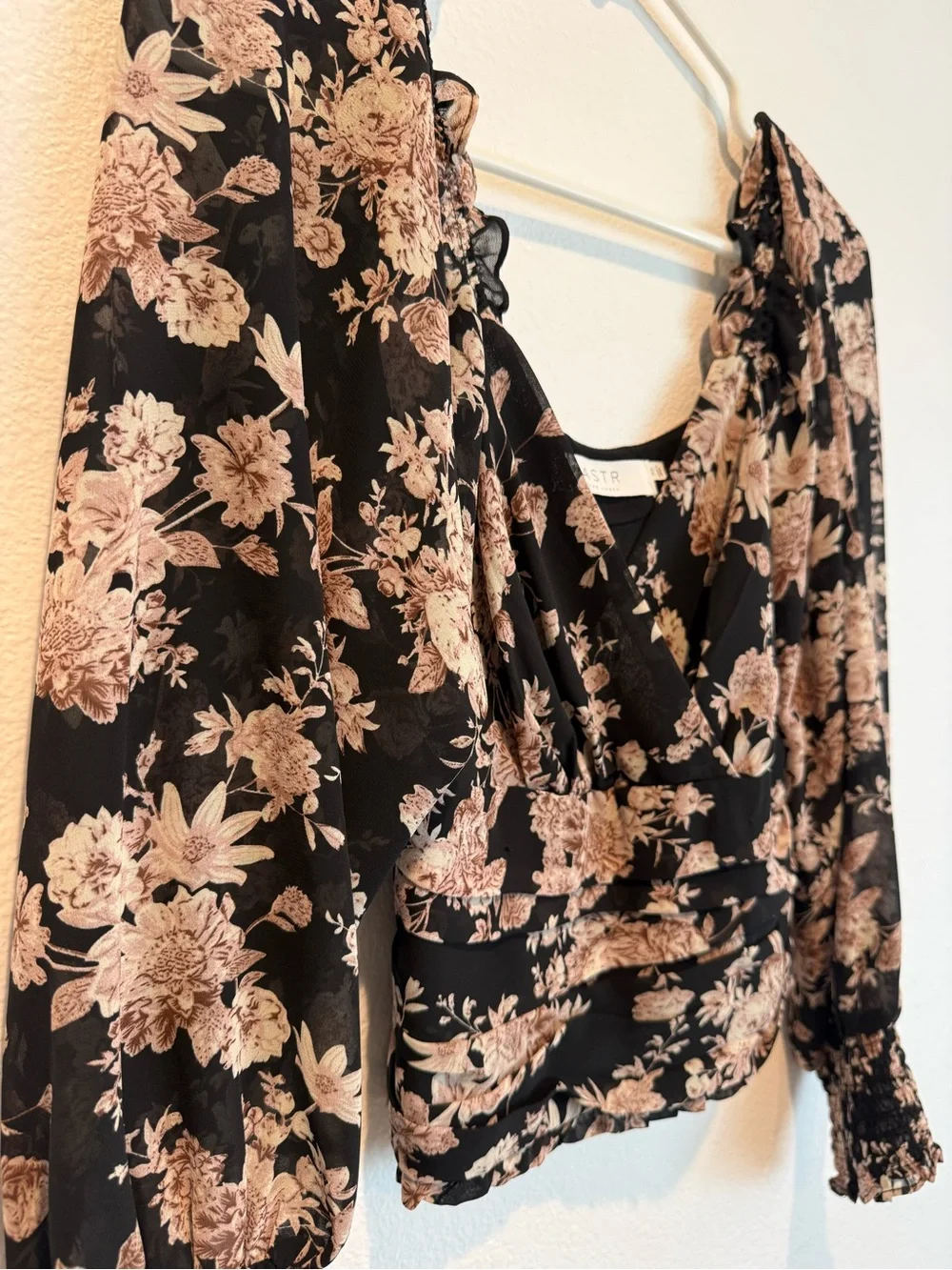 Astr Black Floral Wrap Blouse with Puff Sleeves